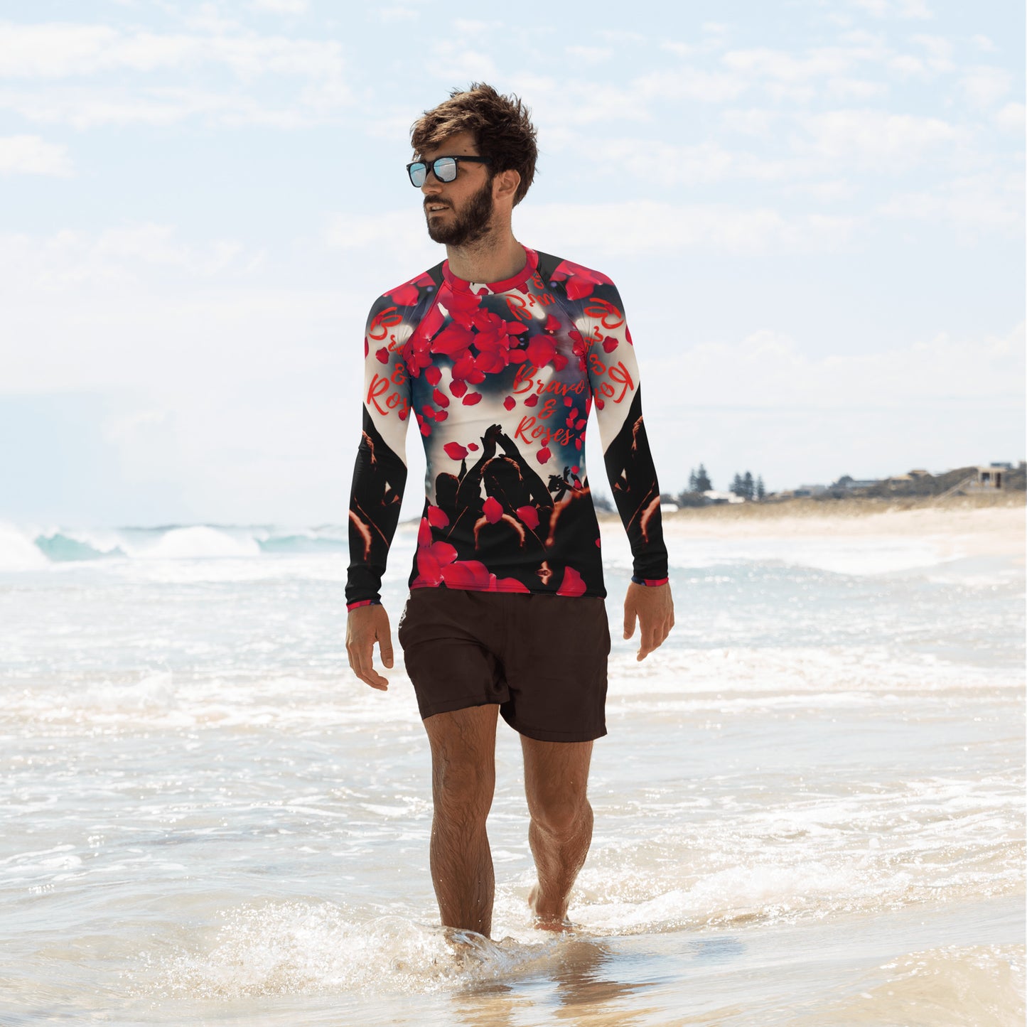 Emote Merch from SpotlYght Seeker - Bravo and Roses dynamic Rash Guard for the Male Artist because artists deserve praise.
