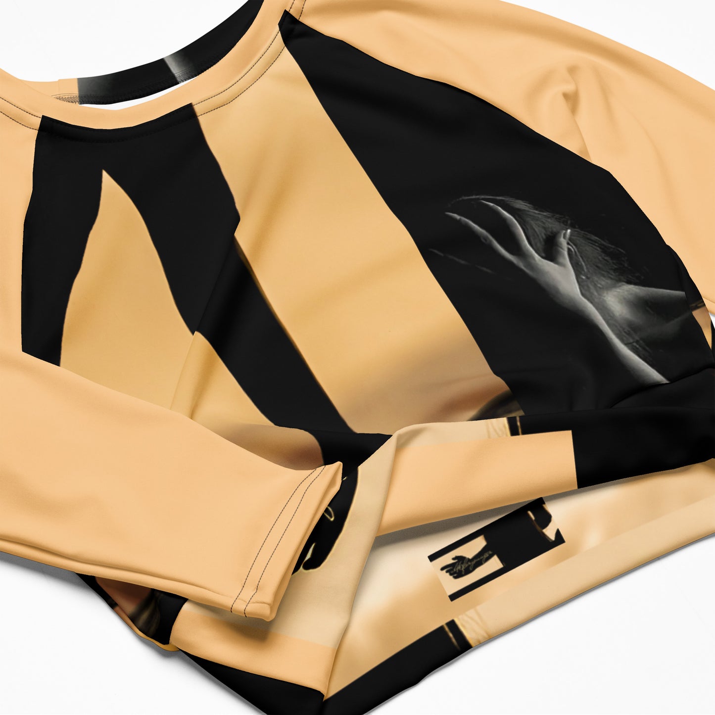 A-Ray of Emotions Long Sleeve Crop Top - AH Peach: A canvas for creative magic, inspired by the profound quote, in the enchanting Peach color. 'Every work of art begins with a ray of emotion, a torch of inspiration, a question searching for an answer.' Explore the journey of creativity in this captivating hue." - Plus Size