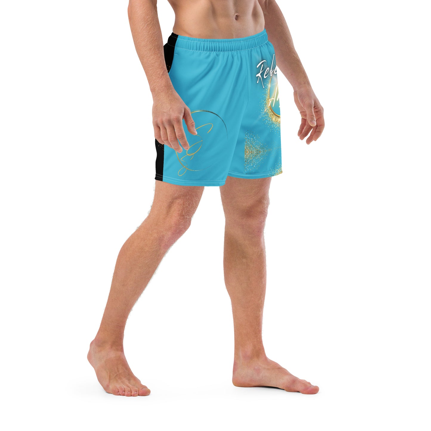 Two-Tone Bright Summer Sky/Black Rebel Artist Men's Swim Trunks - A blend of bright blue and classic black swim trunks, embodying charisma, style, and rebellion.