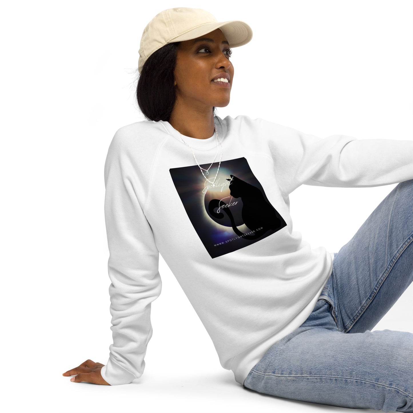 Image of the Cat Call Unisex Fitted Eco Sweatshirt - 'Cat's Tale' design, a comfortable and stylish sweatshirt embodying the theme of artists claiming their spotlight birthright with a play on words connecting to their unique creative story. Crafted from eco-friendly materials. 🎨🌟