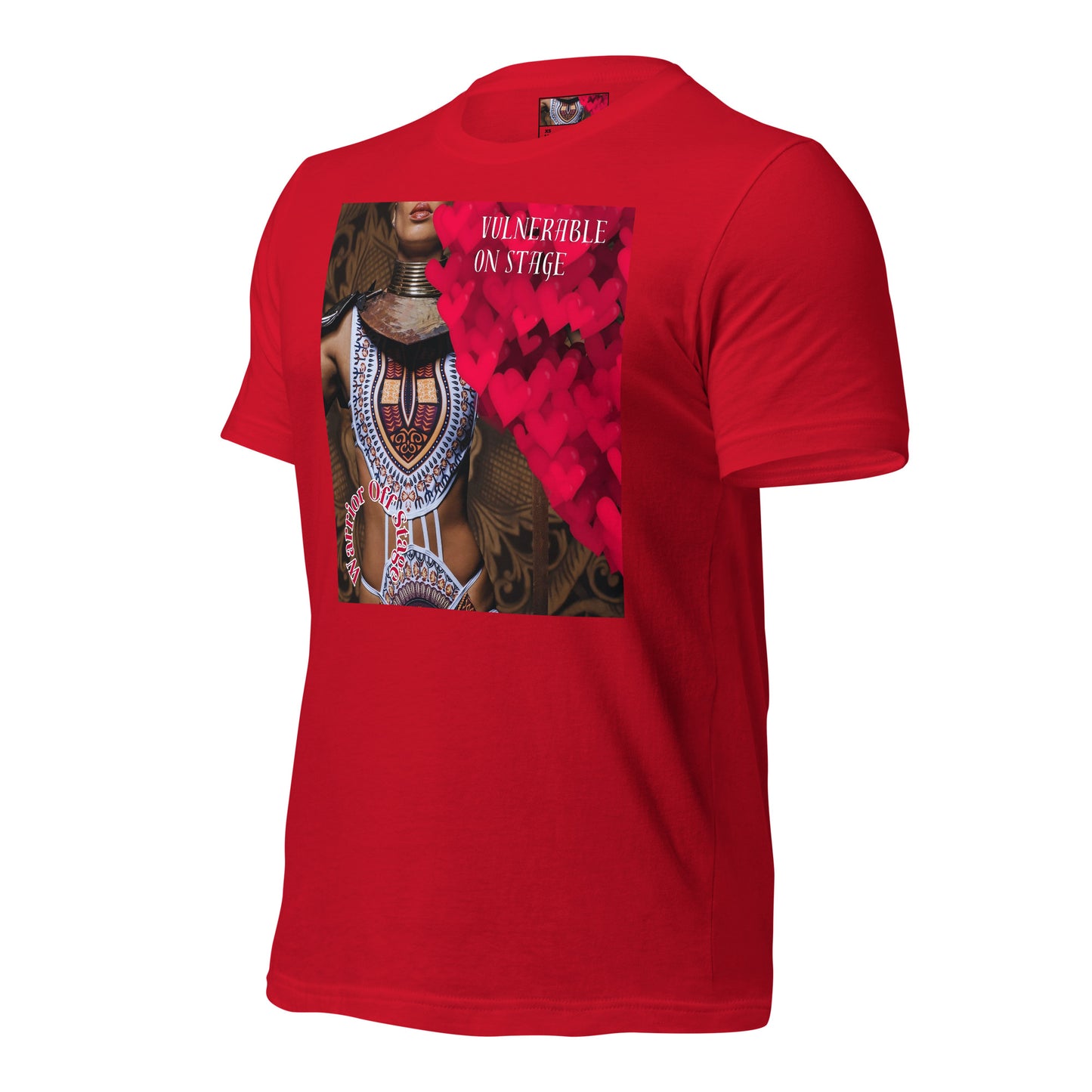 A bold and stylish Unisex Artist Vulnerable Warrior T-Shirt in Fresco design, specifically crafted for Black Female Artists (BFA). The shirt features empowering graphics, celebrating authenticity on stage and fierce warrior strength off stage. Perfect for making a statement in the world of art and beyond.
