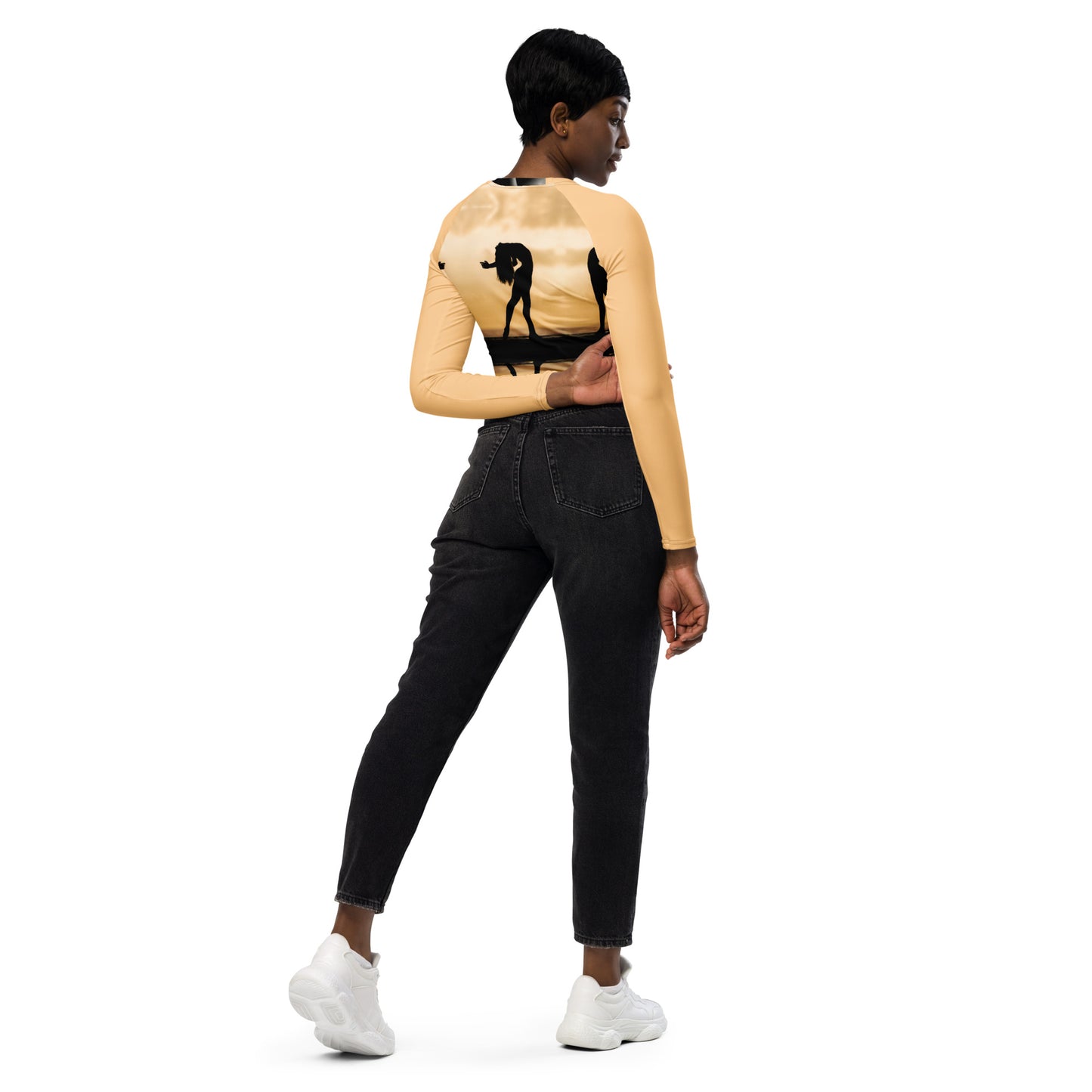 A-Ray of Emotions Long Sleeve Crop Top - AH Peach: A canvas for creative magic, inspired by the profound quote, in the enchanting Peach color. 'Every work of art begins with a ray of emotion, a torch of inspiration, a question searching for an answer.' Explore the journey of creativity in this captivating hue."