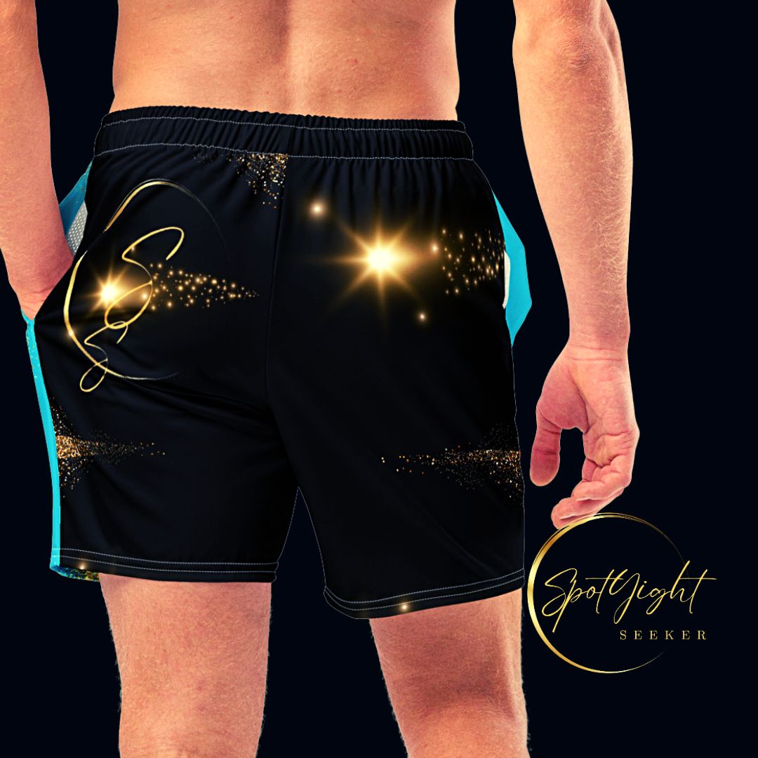 Two-Tone Bright Summer Sky/Black Rebel Artist Men's Swim Trunks - A blend of bright blue and classic black swim trunks, embodying charisma, style, and rebellion.