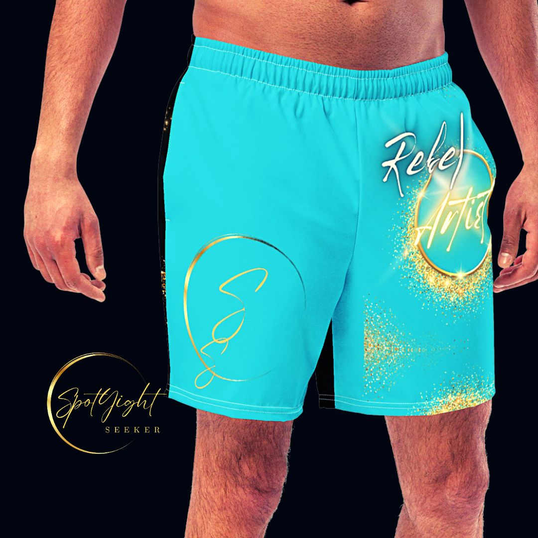 Two-Tone Bright Summer Sky/Black Rebel Artist Men's Swim Trunks - A blend of bright blue and classic black swim trunks, embodying charisma, style, and rebellion.