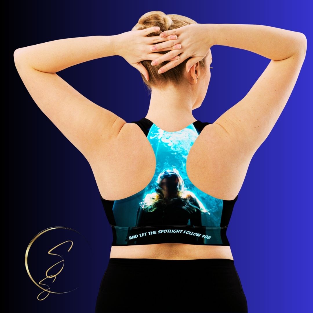See yourself in the Spotlight in these LBS Aqua Spotlight Plus Size Sports Bra for the Female Artist.