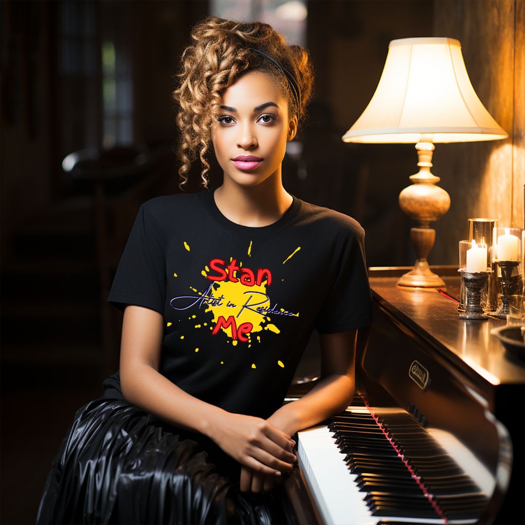 “Stan Me, Artist in Residence” tees featuring paint splatter designs, blending artistic creativity with stan culture. Available in 8 unique styles. Perfect for artists looking to attract fans and gigs.
