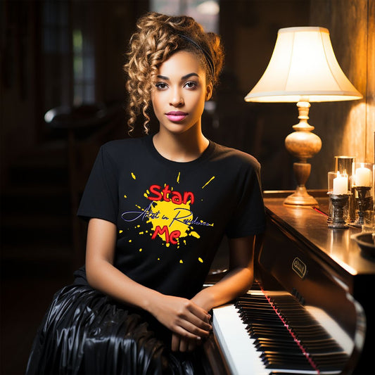 “Stan Me, Artist in Residence” tees featuring paint splatter designs, blending artistic creativity with stan culture. Available in 8 unique styles. Perfect for artists looking to attract fans and gigs.