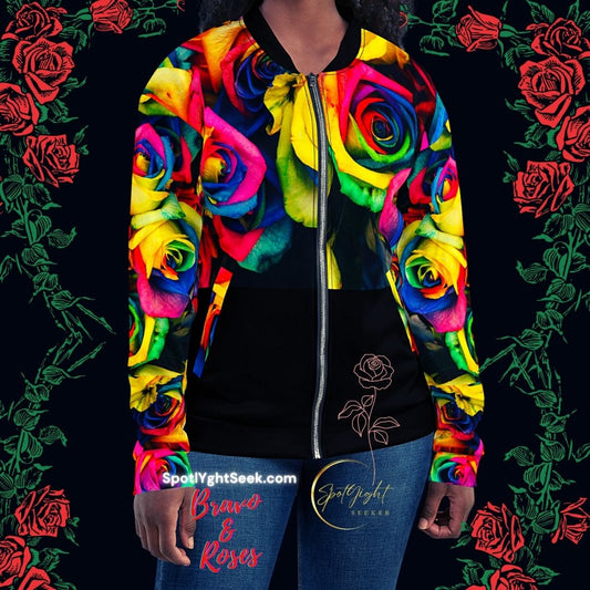 Moonlight & Roses Unisex Bomber Jacket - Full Sleeves from the Bravo & Roses Collection - Because artists deserve praise!  Gift yourself SpotlYght Seeker. You've earned it.  Let this statement piece be a  symbol of self-praise and empowerment, a perfect gift to yourself.
