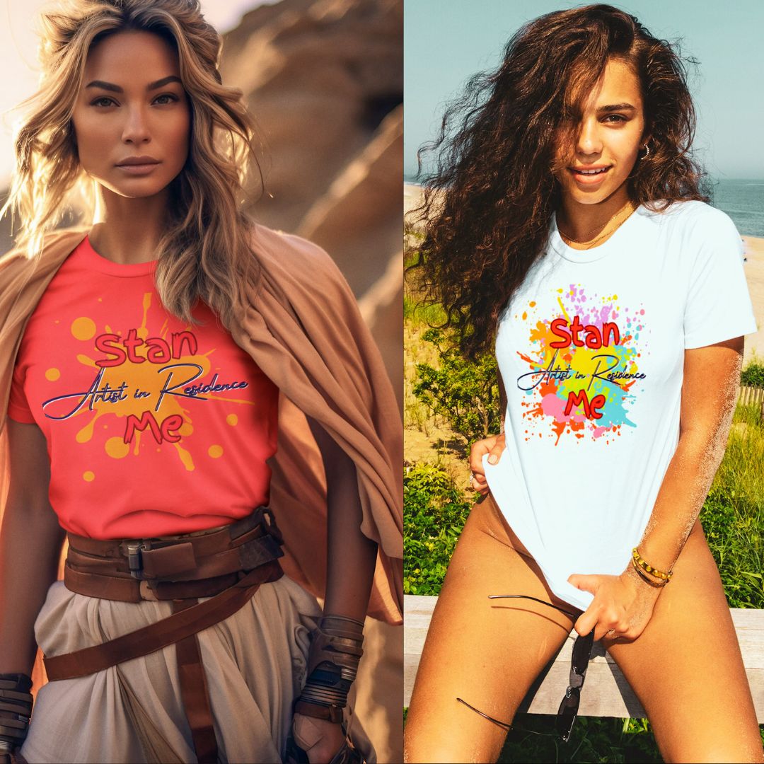 “Stan Me, Artist in Residence” tees featuring paint splatter designs, blending artistic creativity with stan culture. Available in 8 unique styles. Perfect for artists looking to attract fans and gigs.