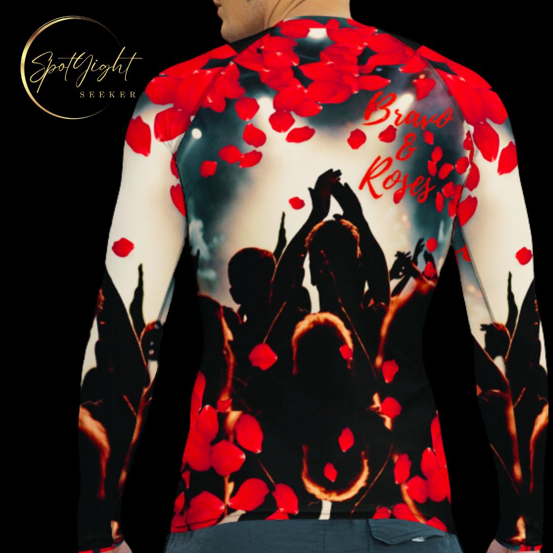 Emote Merch from SpotlYght Seeker - Bravo and Roses dynamic Rash Guard for the Male  Artist because artists deserve praise.