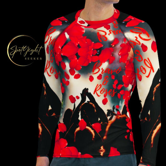 Emote Merch from SpotlYght Seeker - Bravo and Roses dynamic Rash Guard for the Male  Artist because artists deserve praise.