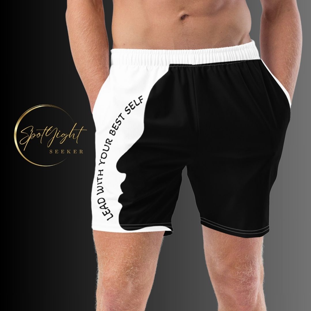 LBS Men's Swim Trunks - Stylish and confident male artist wearing vibrant swim trunks by SpotlYght Seeker