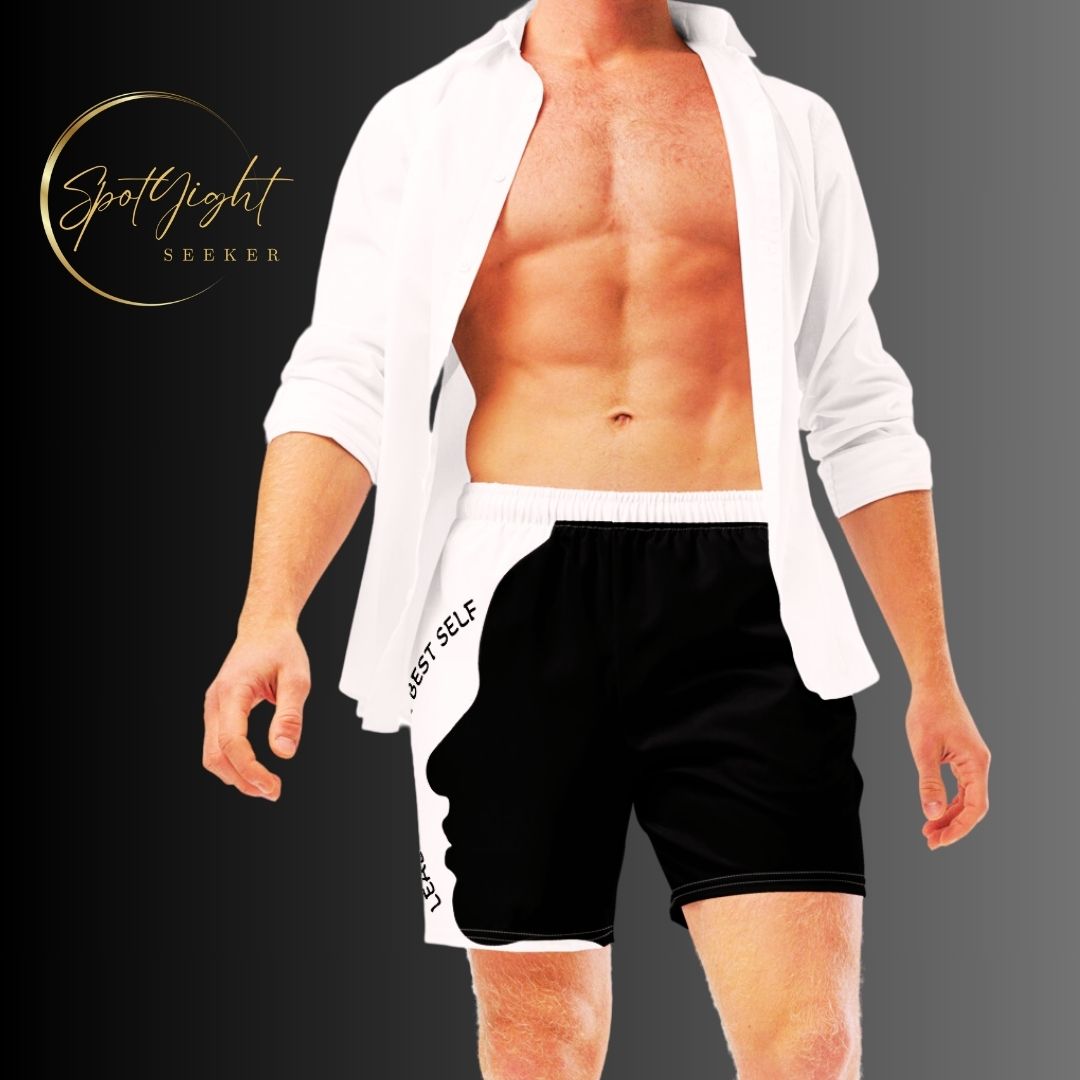 LBS Men's Swim Trunks - Stylish and confident male artist wearing vibrant swim trunks by SpotlYght Seeker