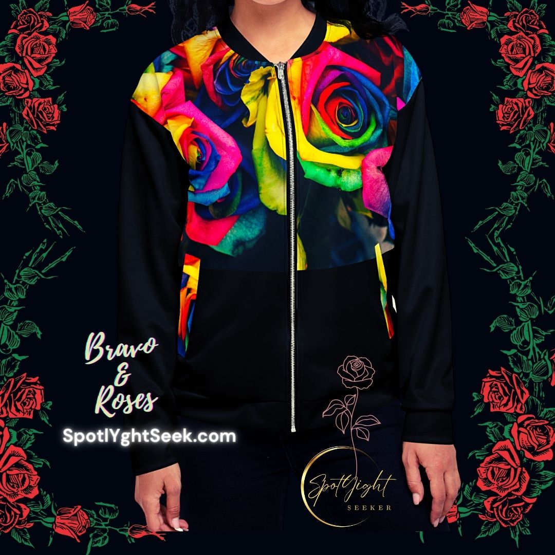 Emote Merch from SpotlYght Seeker - from the Bravo and Roses Collection the Moonlight & Roses Unisex Bomber Jacket for the Artist because artists deserve praise.