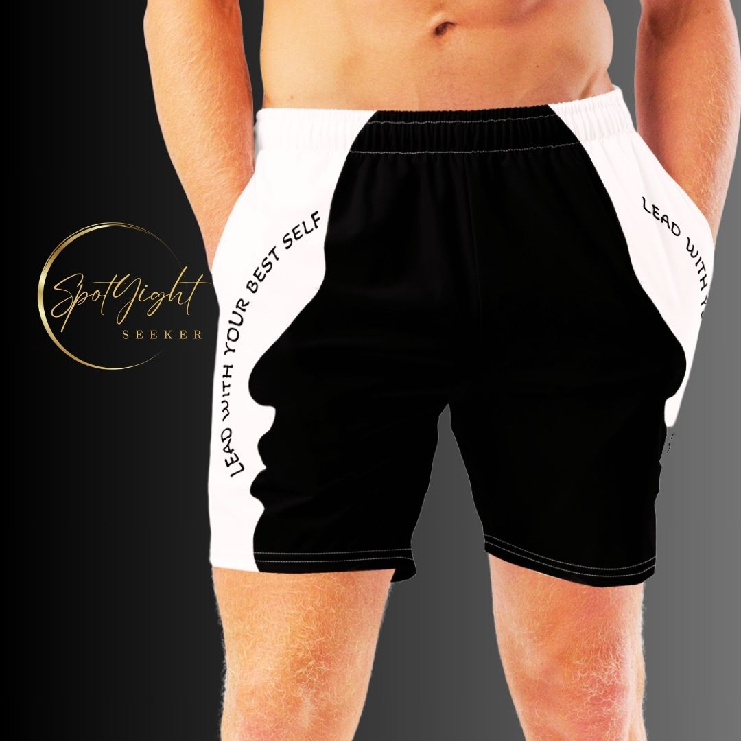LBS Men's Swim Trunks - Stylish and confident male artist wearing vibrant swim trunks by SpotlYght Seeker
