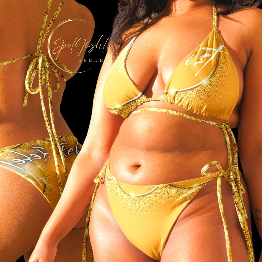 ☀️ Gilded Rebellion by the Shore ☀️ Unleash Your Inner Beach Siren ✨  Dive into the rebellion with our Rebel Artist Sting Bikini in radiant gold. The design is a fusion of freedom and artistic expression – it's not just swimwear, it's a declaration of boldness.