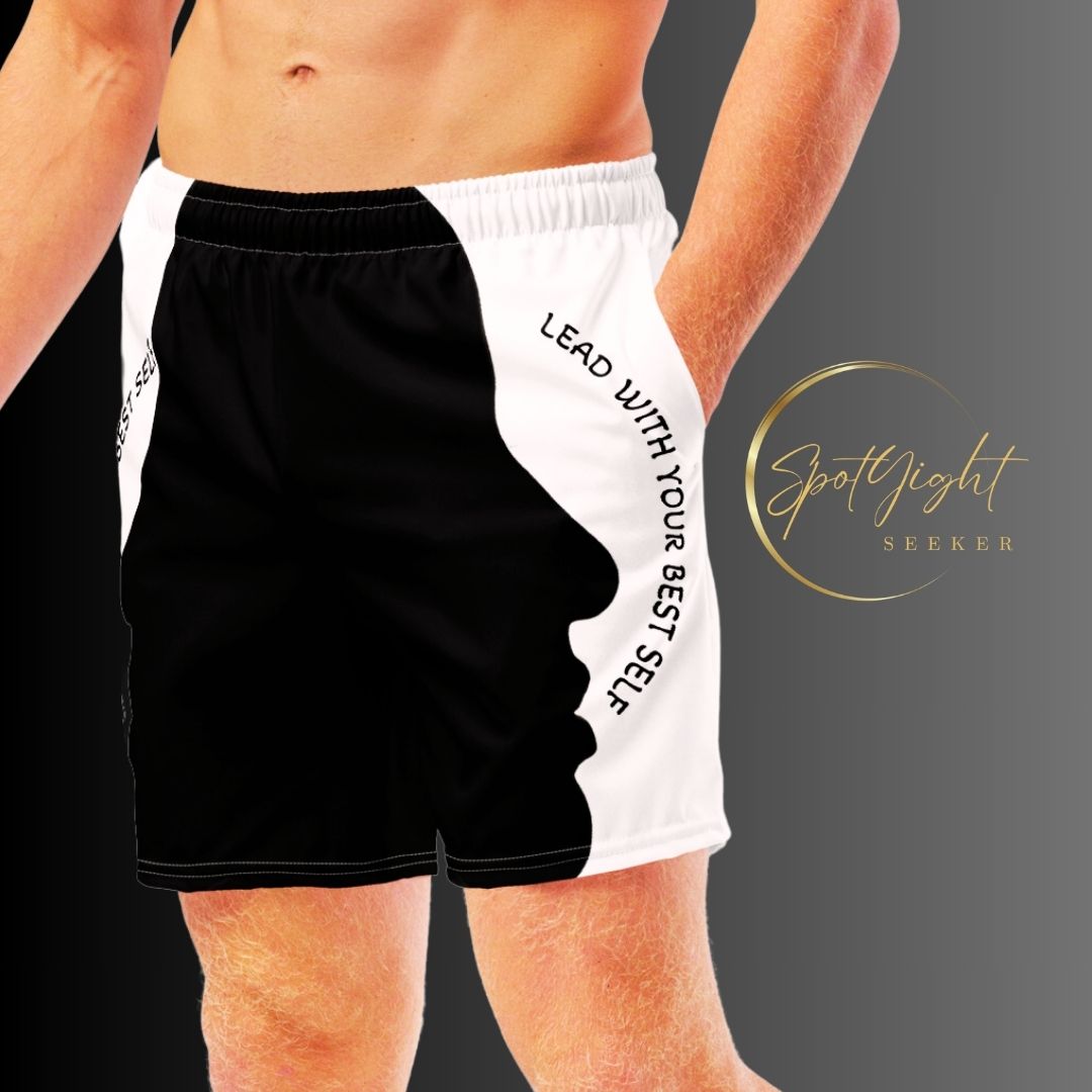 LBS Men's Swim Trunks - Stylish and confident male artist wearing vibrant swim trunks by SpotlYght Seeker