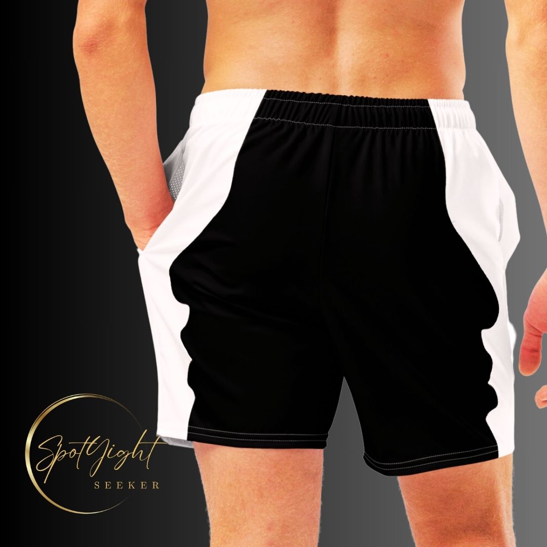 LBS Men's Swim Trunks - Stylish and confident male artist wearing vibrant swim trunks by SpotlYght Seeker