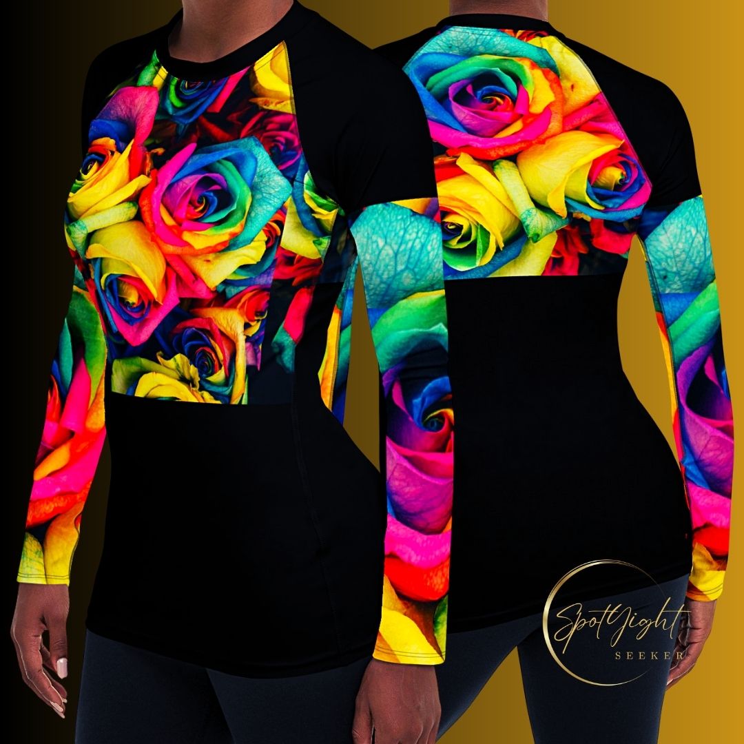 Elevate Your Expression with Emote Merch from SpotlYght Seeker: Discover the Moonlight & Roses Cropped Rash Guard 🌙🌹 from the Bravo and Roses Collection, Crafted for the Female Artist Who Deserves Praise.