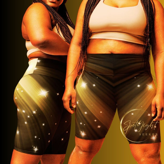 Plus Size Female artist shine bright rocking your Gold Spotlyght Biker Shorts