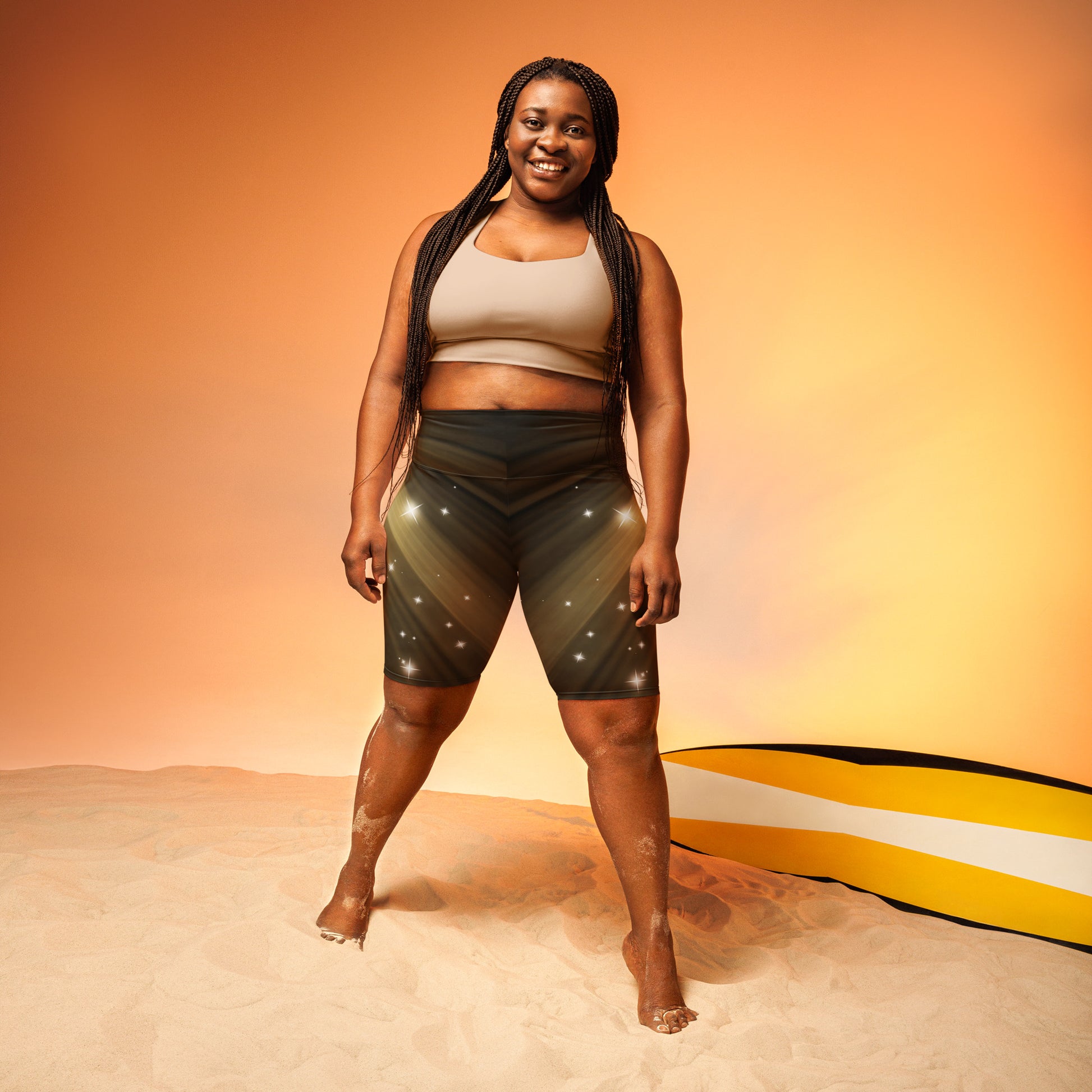 Plus Size Female artist shine bright rocking your Gold Spotlyght Biker Shorts