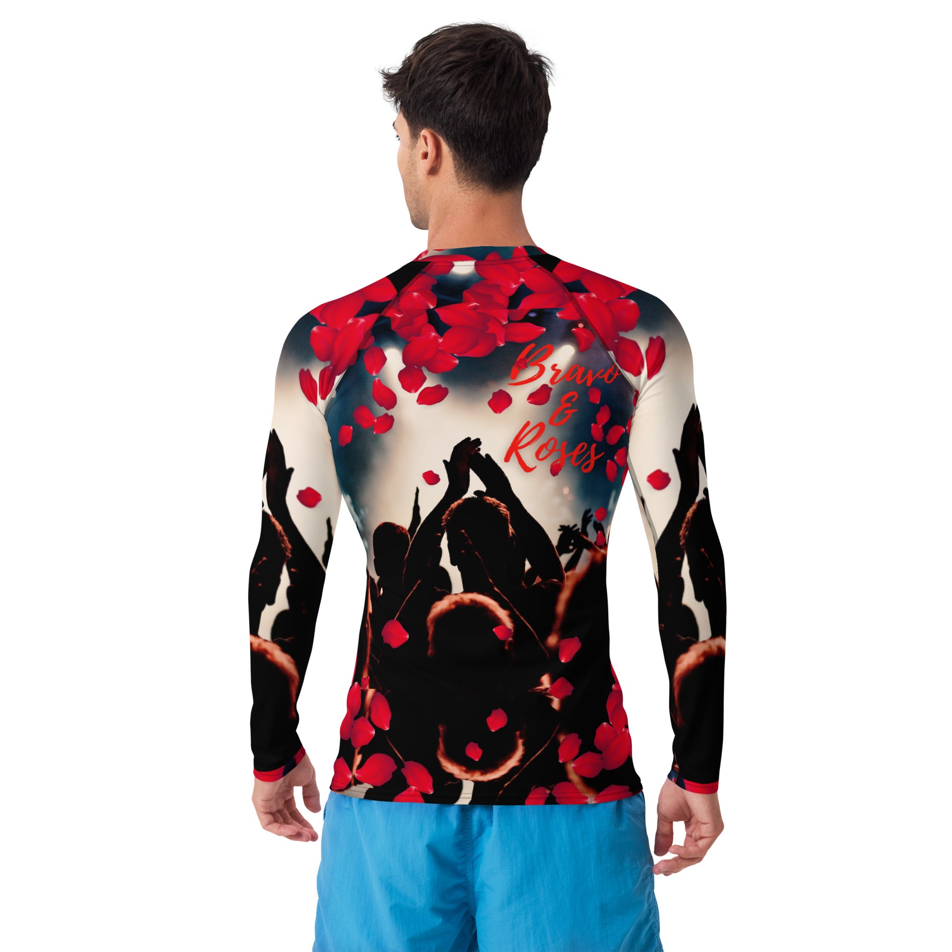 Emote Merch from SpotlYght Seeker - Bravo and Roses dynamic Rash Guard for the Male  Artist because artists deserve praise.