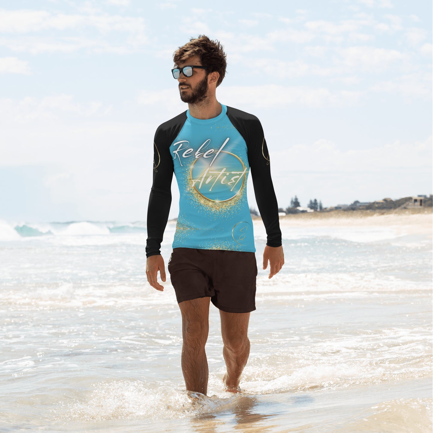 Rebel Artist Men's Rash Guard - Two-Tone Bright Summer Sky/Black