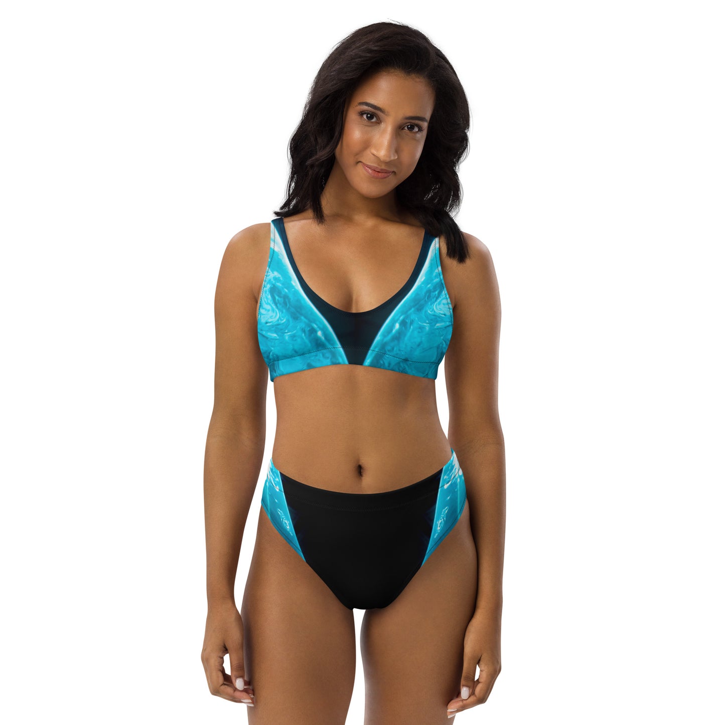 Aqua V SpotlYght High-Waisted Bikini - Triumph in the spotlight with confidence and creativity. Embrace victory and radiate aqua brilliance in this empowering masterpiece.