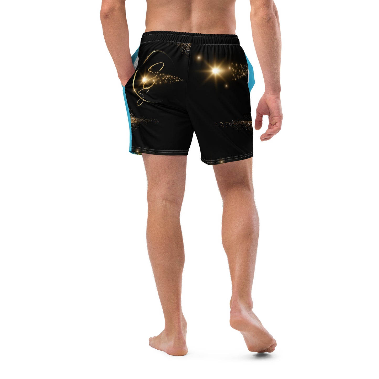 Two-Tone Bright Summer Sky/Black Rebel Artist Men's Swim Trunks - A blend of bright blue and classic black swim trunks, embodying charisma, style, and rebellion.