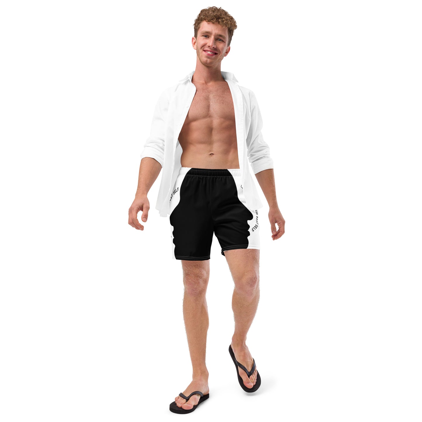 LBS Men's Swim Trunks - Stylish and confident male artist wearing vibrant swim trunks by SpotlYght Seeker