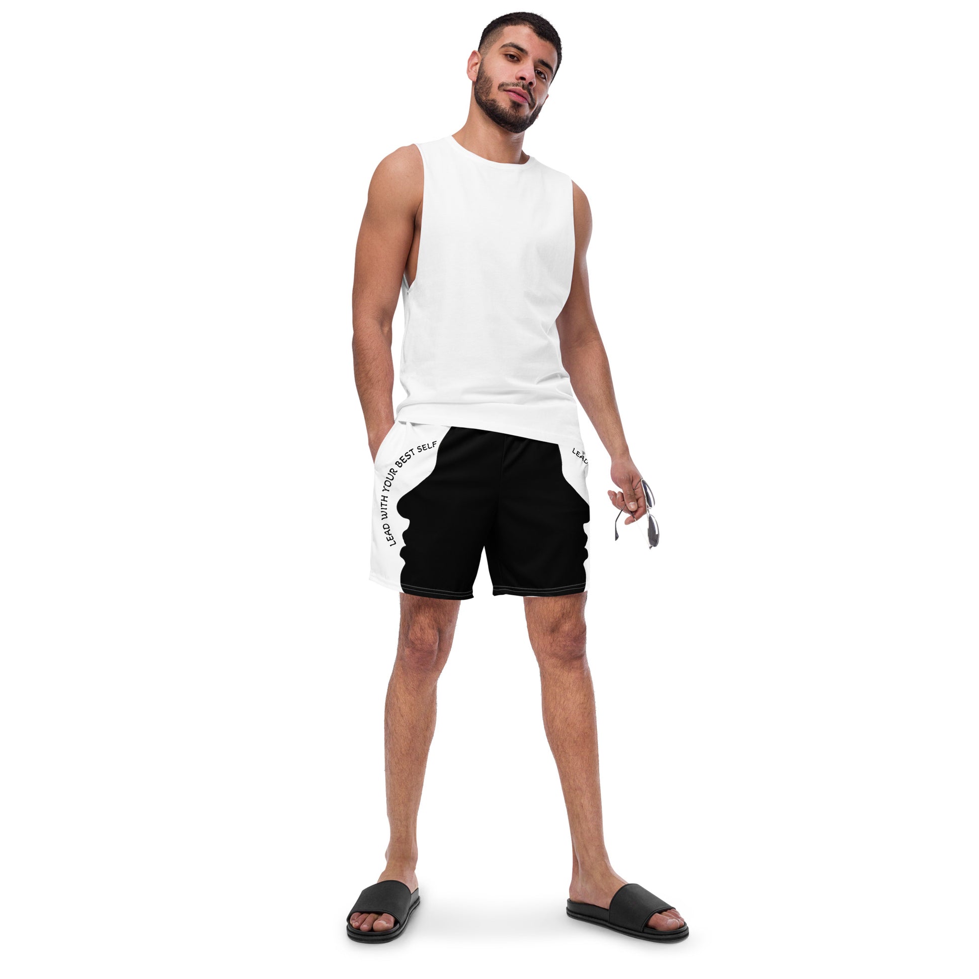 LBS Men's Swim Trunks - Stylish and confident male artist wearing vibrant swim trunks by SpotlYght Seeker
