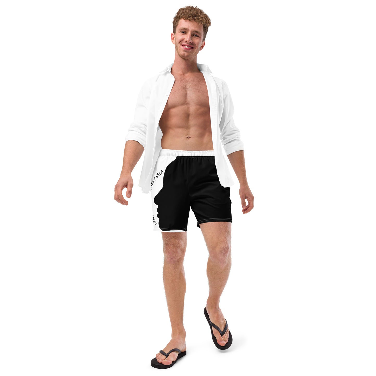 LBS Men's Swim Trunks - Stylish and confident man wearing vibrant swim trunks by SpotlYght Seeker