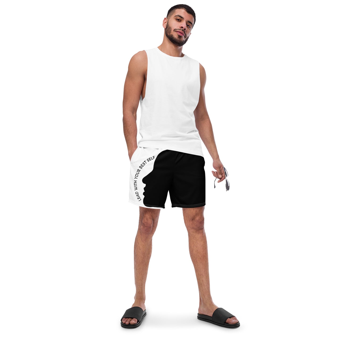 LBS Men's Swim Trunks - Stylish and confident man wearing vibrant swim trunks by SpotlYght Seeker