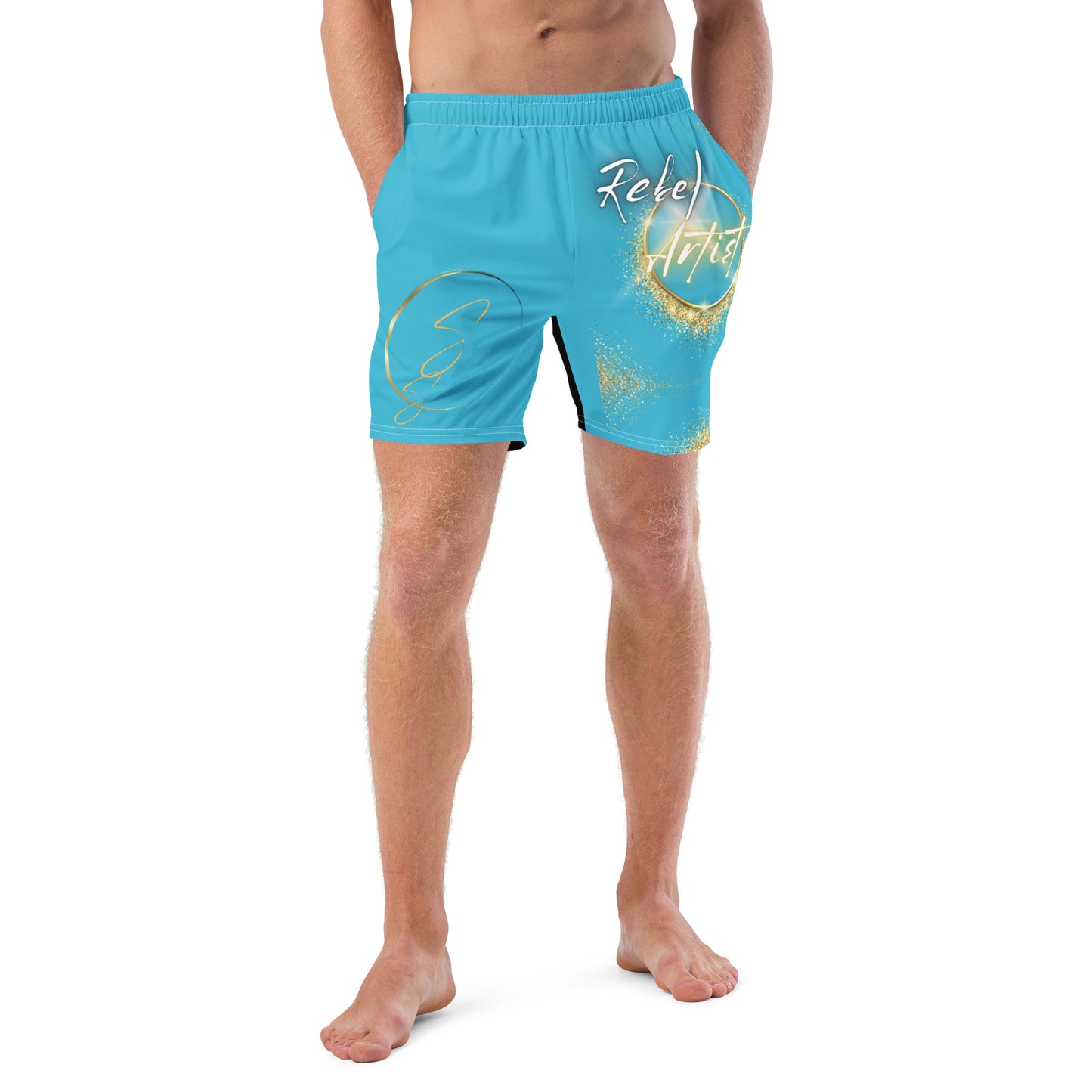 Two-Tone Bright Summer Sky/Black Rebel Artist Men's Swim Trunks - A blend of bright blue and classic black swim trunks, embodying charisma, style, and rebellion.