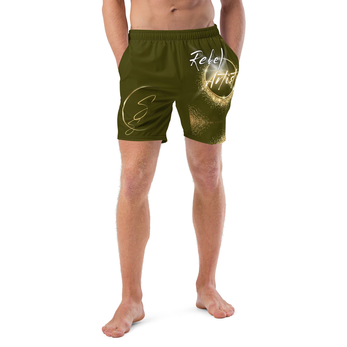 Karaka Rebel Artist Swim Trunks - Army green swim trunks representing the warrior spirit of the rebel artist.