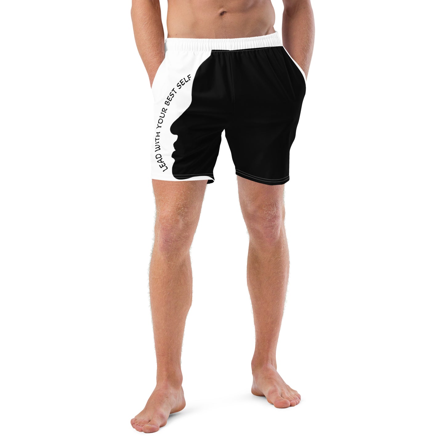 LBS Men's Swim Trunks - Stylish and confident man wearing vibrant swim trunks by SpotlYght Seeker