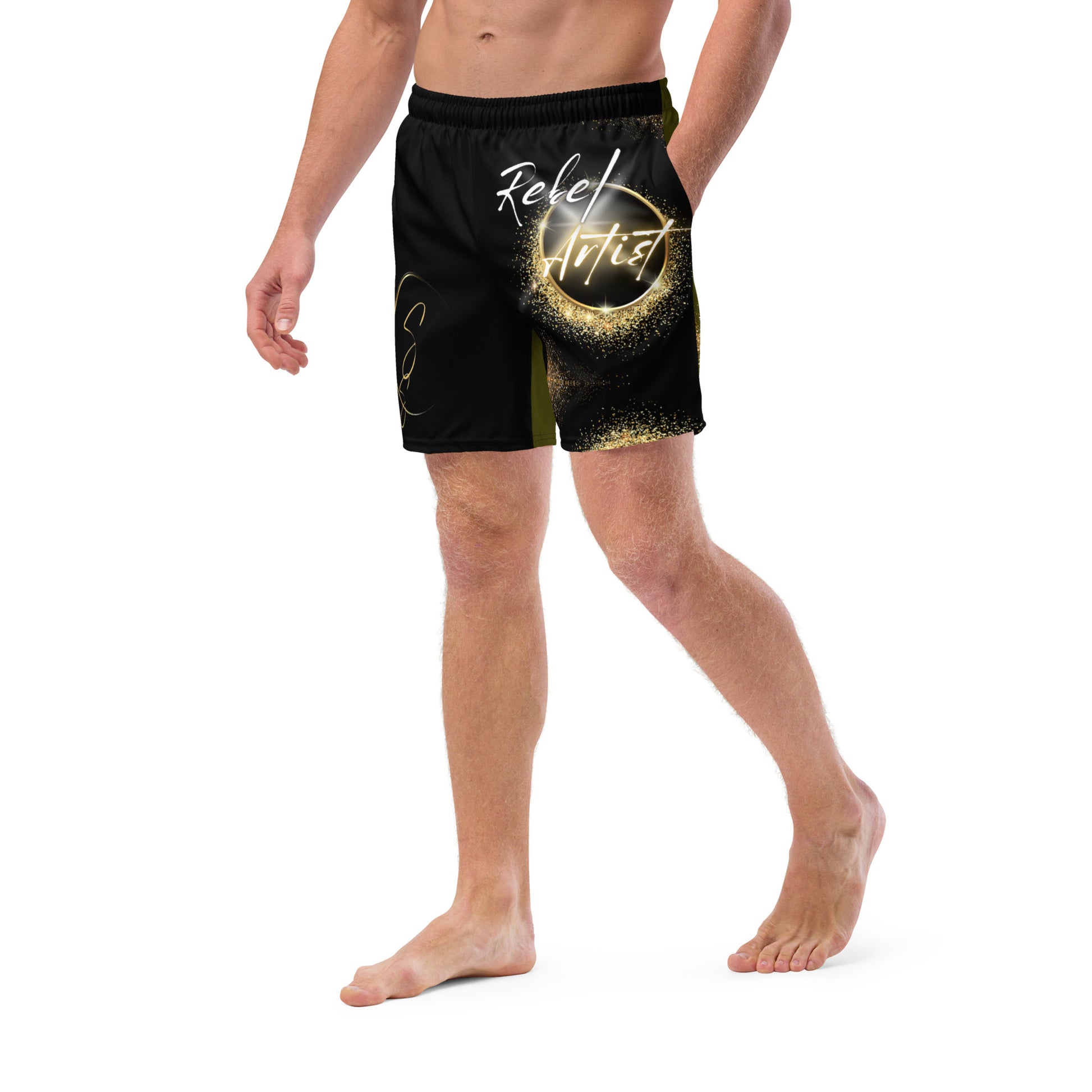 Two-Tone Karaka/Black Rebel Artist Swim Trunks - Army green and black swim trunks representing the duality of the warrior rebel artist.
