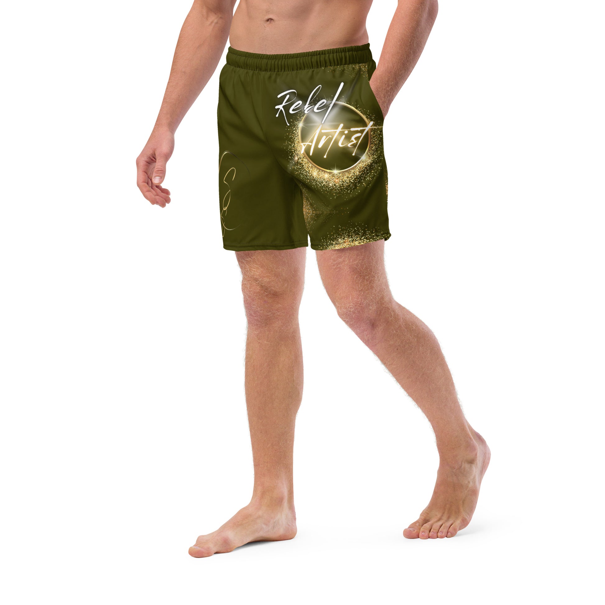 Karaka Rebel Artist Swim Trunks - Army green swim trunks representing the warrior spirit of the rebel artist.