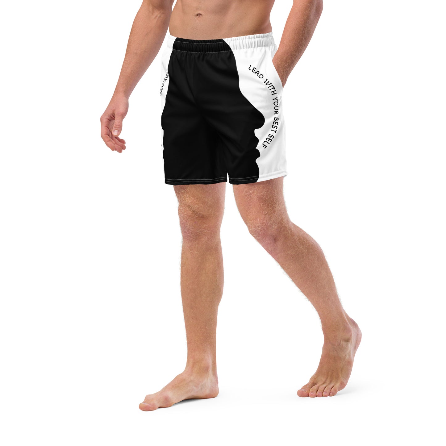 LBS Men's Swim Trunks - Stylish and confident male artist wearing vibrant swim trunks by SpotlYght Seeker