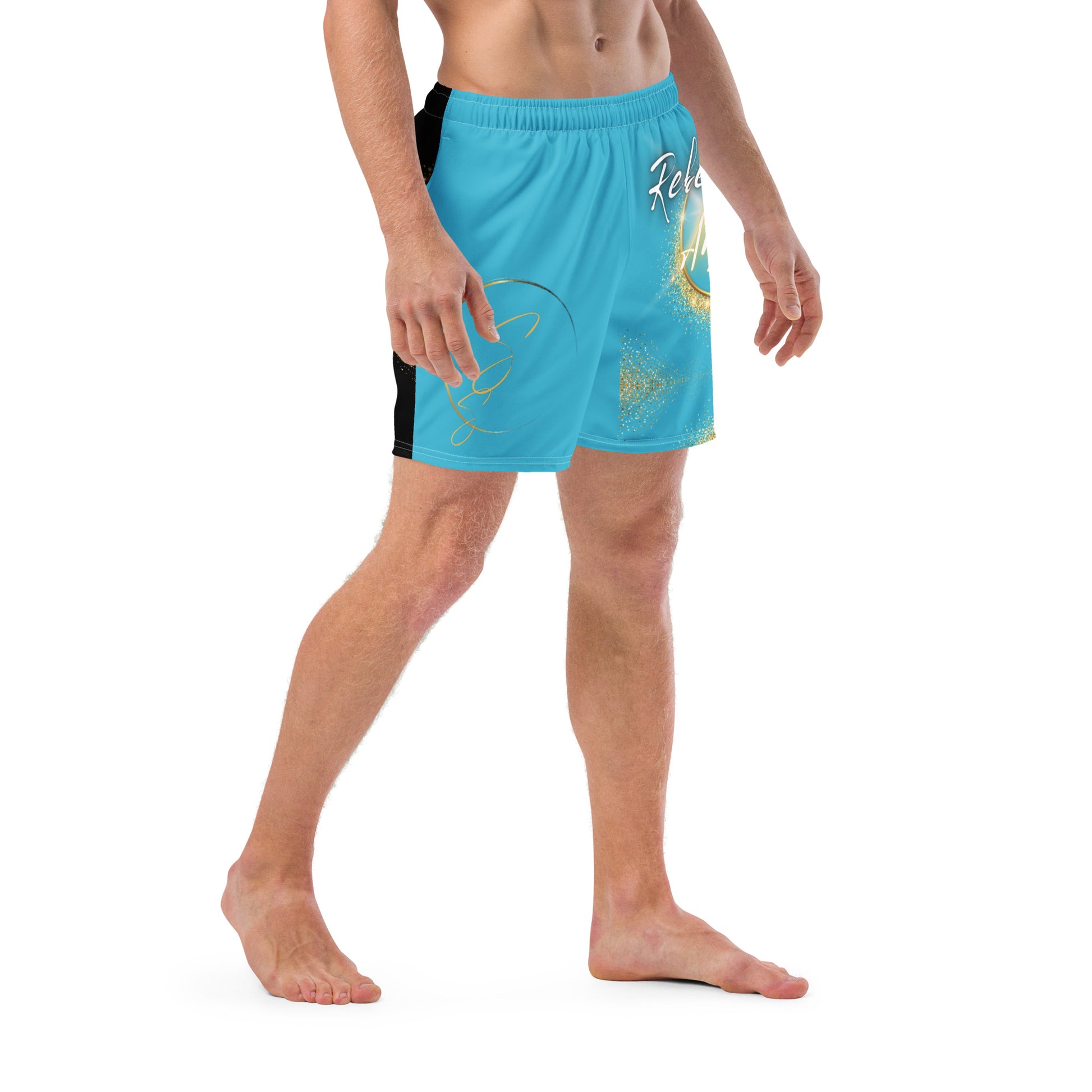 Two-Tone Bright Summer Sky/Black Rebel Artist Men's Swim Trunks - A blend of bright blue and classic black swim trunks, embodying charisma, style, and rebellion.