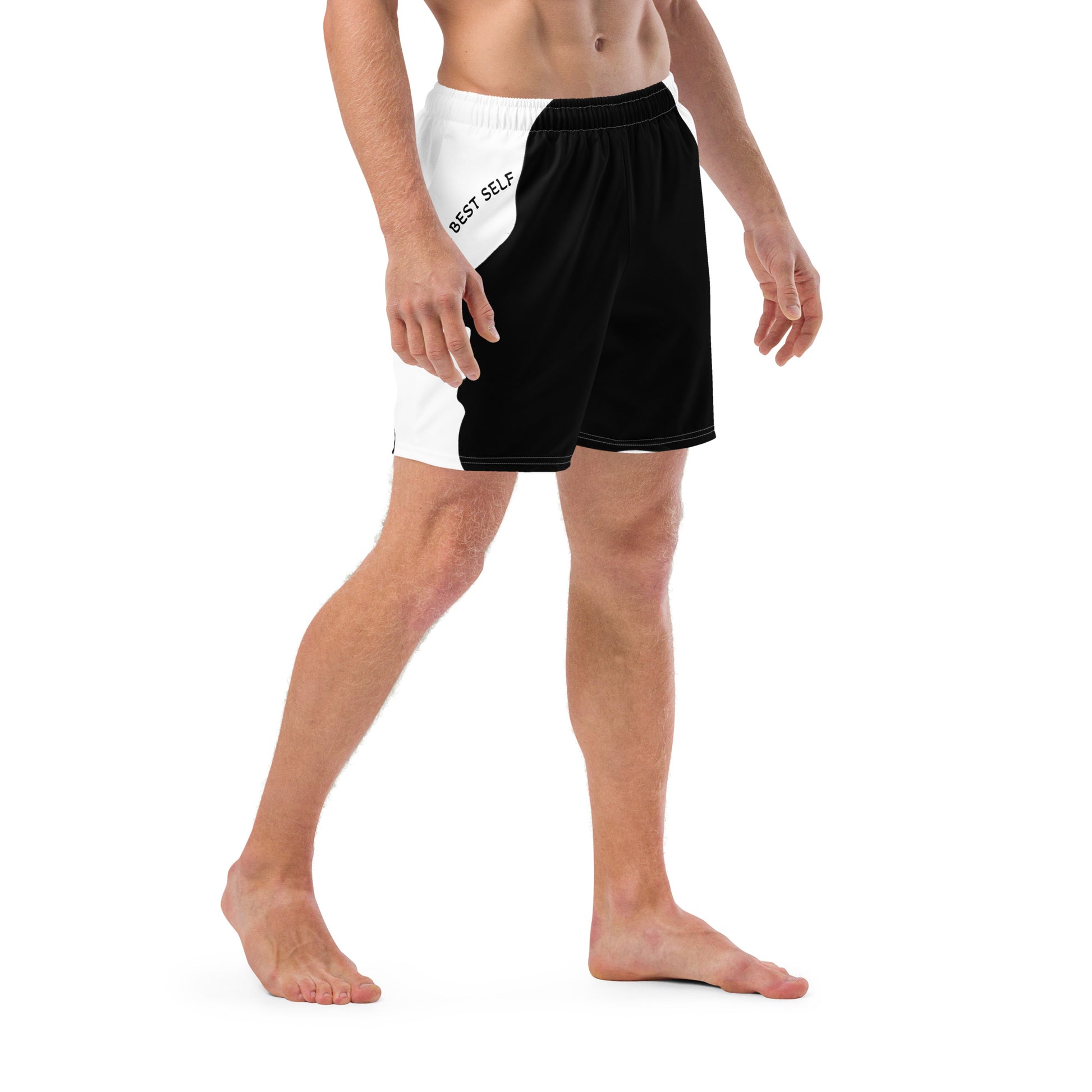 LBS Men's Swim Trunks - Stylish and confident male artist wearing vibrant swim trunks by SpotlYght Seeker