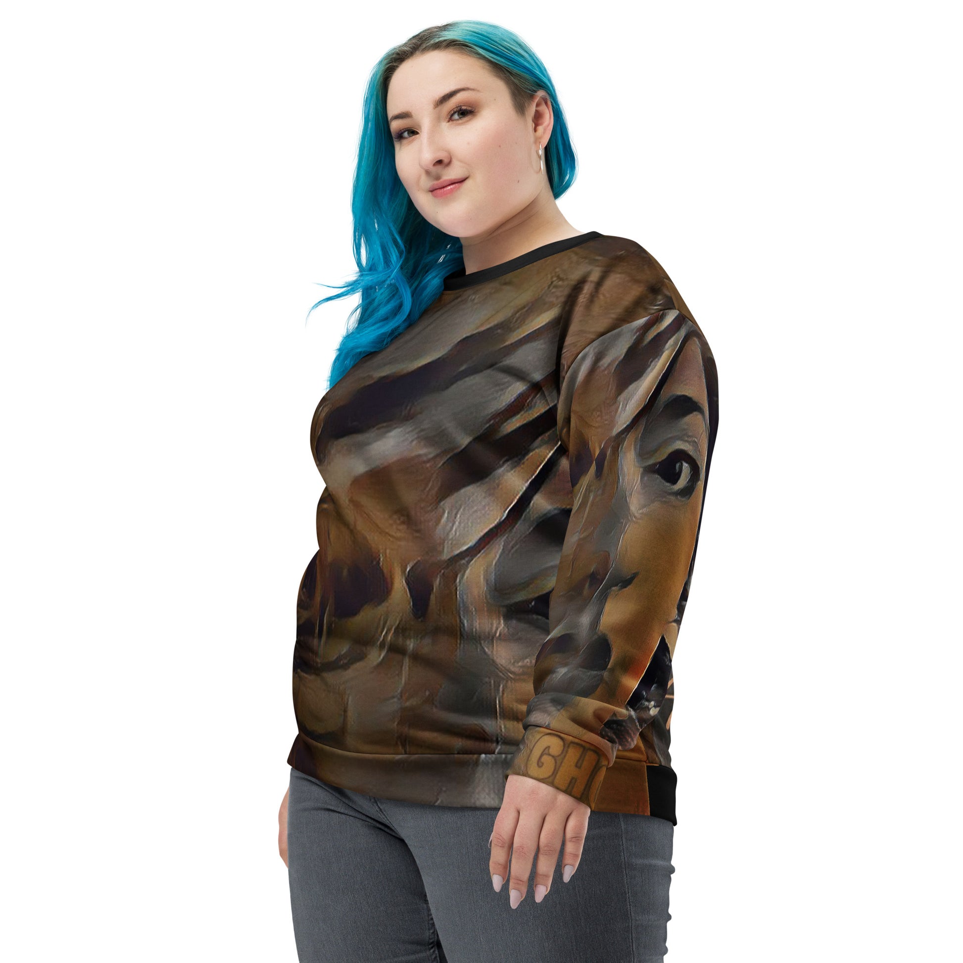 A confident artist wearing the Ghosted Sweatshirt, standing tall and proud. Plus size
