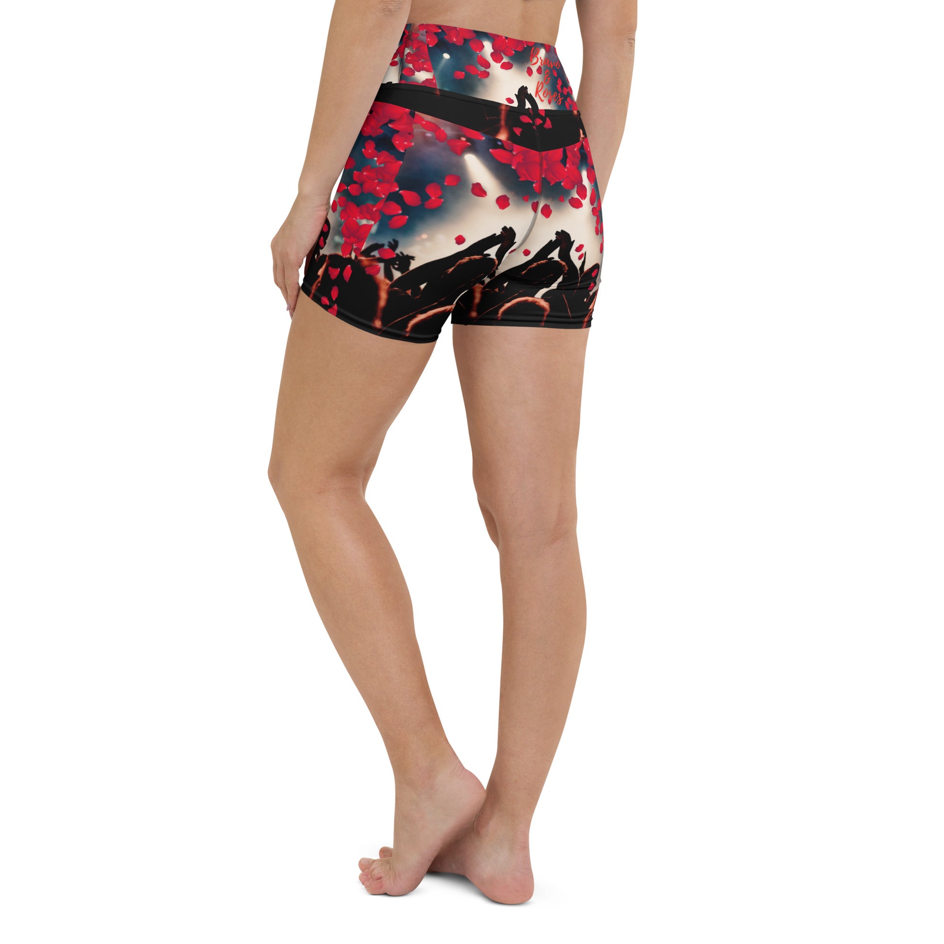 🌊 In a sea of indecision, in trepidatious fear, in a moment of triumph, beyond the curtain lies your truth, your destiny, and your praise. 🌟  Bravo & Roses Bravo & Roses Yoga Shorts for the Female  Artist because artists deserve praise.