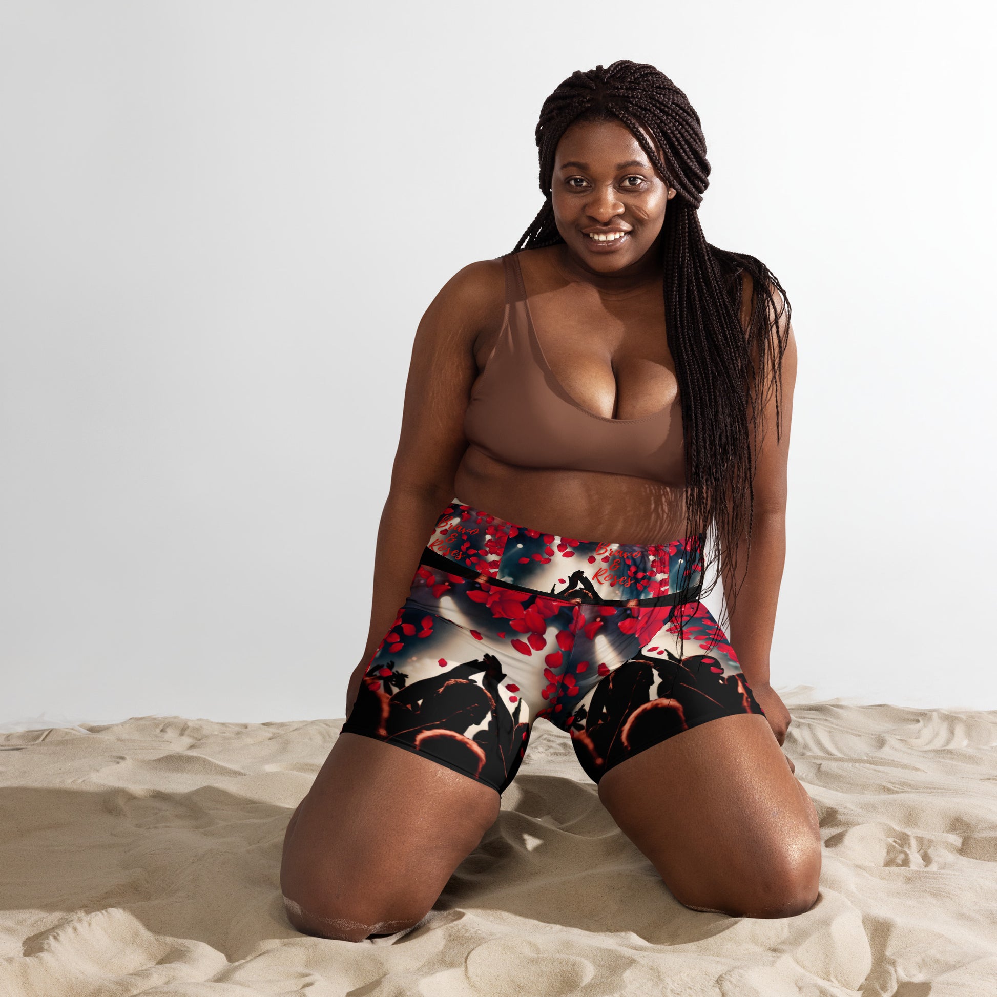 🌊 In a sea of indecision, in trepidatious fear, in a moment of triumph, beyond the curtain lies your truth, your destiny, and your praise. 🌟  Bravo & Roses Bravo & Roses Yoga Shorts for the Female  Artist because artists deserve praise.