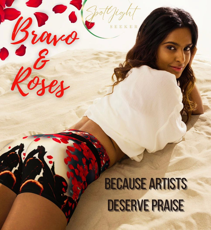 🌊 In a sea of indecision, in trepidatious fear, in a moment of triumph, beyond the curtain lies your truth, your destiny, and your praise. 🌟  Bravo & Roses Bravo & Roses Yoga Shorts for the Female  Artist because artists deserve praise.