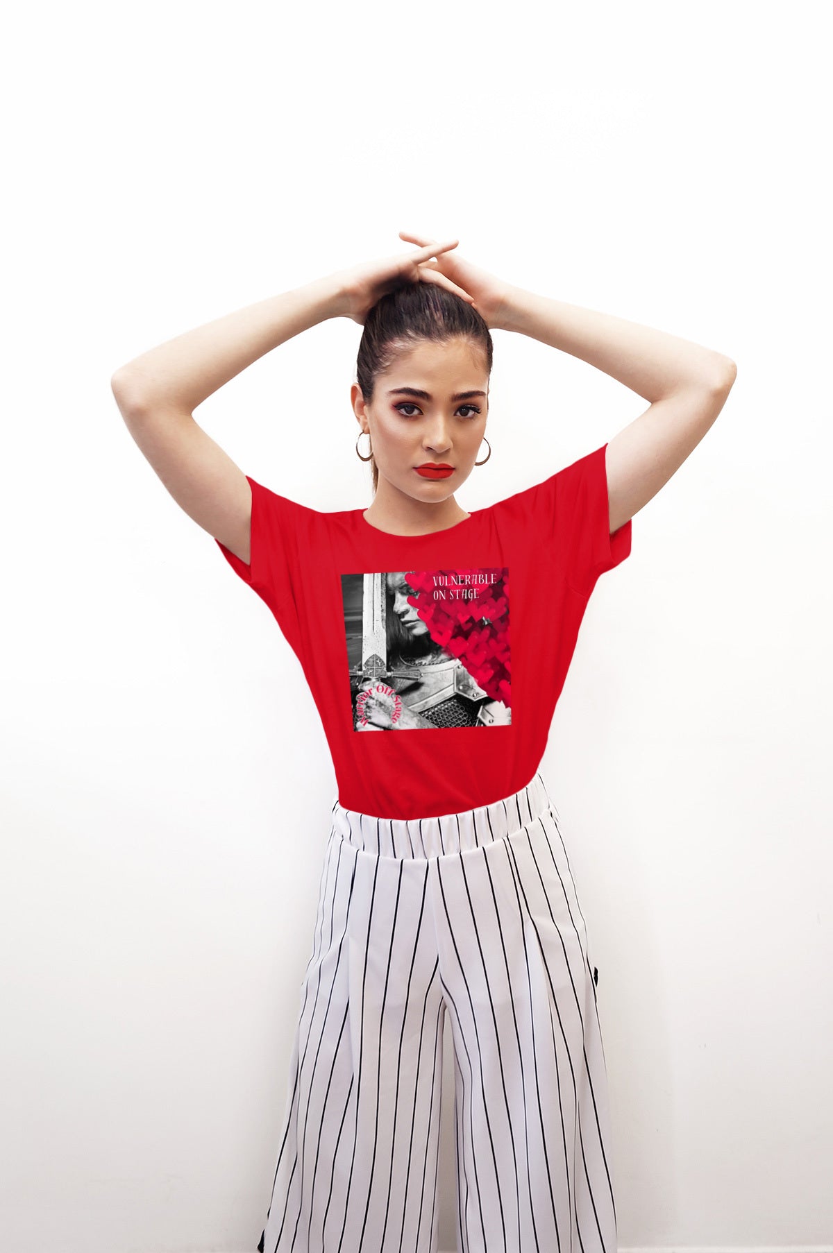 A bold and stylish Unisex Artist Vulnerable Warrior T-Shirt in Classic design, specifically crafted for Female Artists The shirt features empowering graphics, celebrating authenticity on stage and fierce warrior strength off stage. Perfect for making a statement in the world of art and beyond.