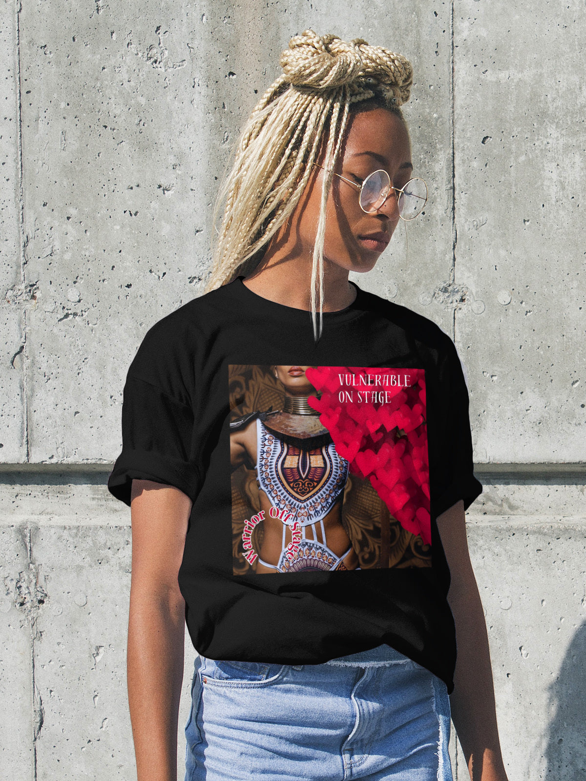 A bold and stylish Unisex Artist Vulnerable Warrior T-Shirt in Fresco design, specifically crafted for Black Female Artists (BFA). The shirt features empowering graphics, celebrating authenticity on stage and fierce warrior strength off stage. Perfect for making a statement in the world of art and beyond.
