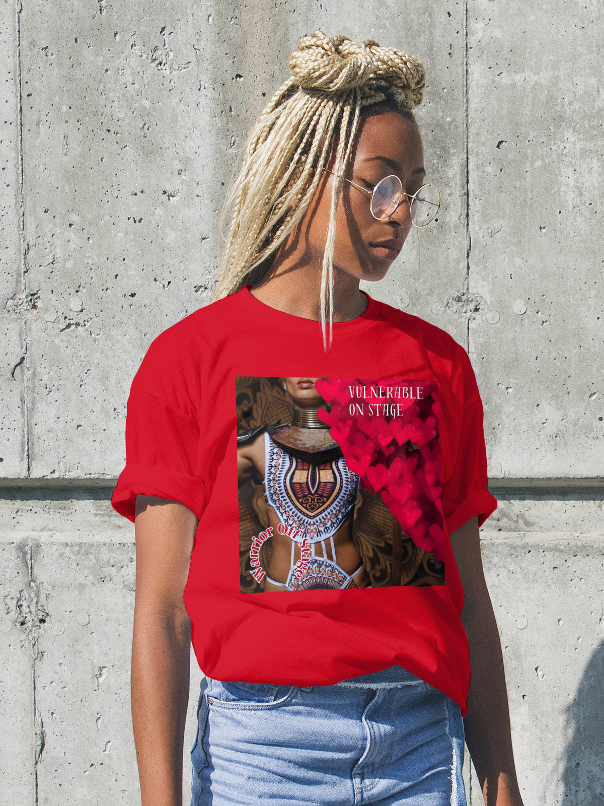 A bold and stylish Unisex Artist Vulnerable Warrior T-Shirt in Fresco design, specifically crafted for Black Female Artists (BFA). The shirt features empowering graphics, celebrating authenticity on stage and fierce warrior strength off stage. Perfect for making a statement in the world of art and beyond.