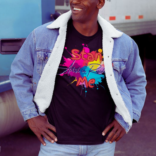 “Stan Me, Artist in Residence” tees featuring paint splatter designs, blending artistic creativity with stan culture. Available in 8 unique styles. Perfect for artists looking to attract fans and gigs. black tee