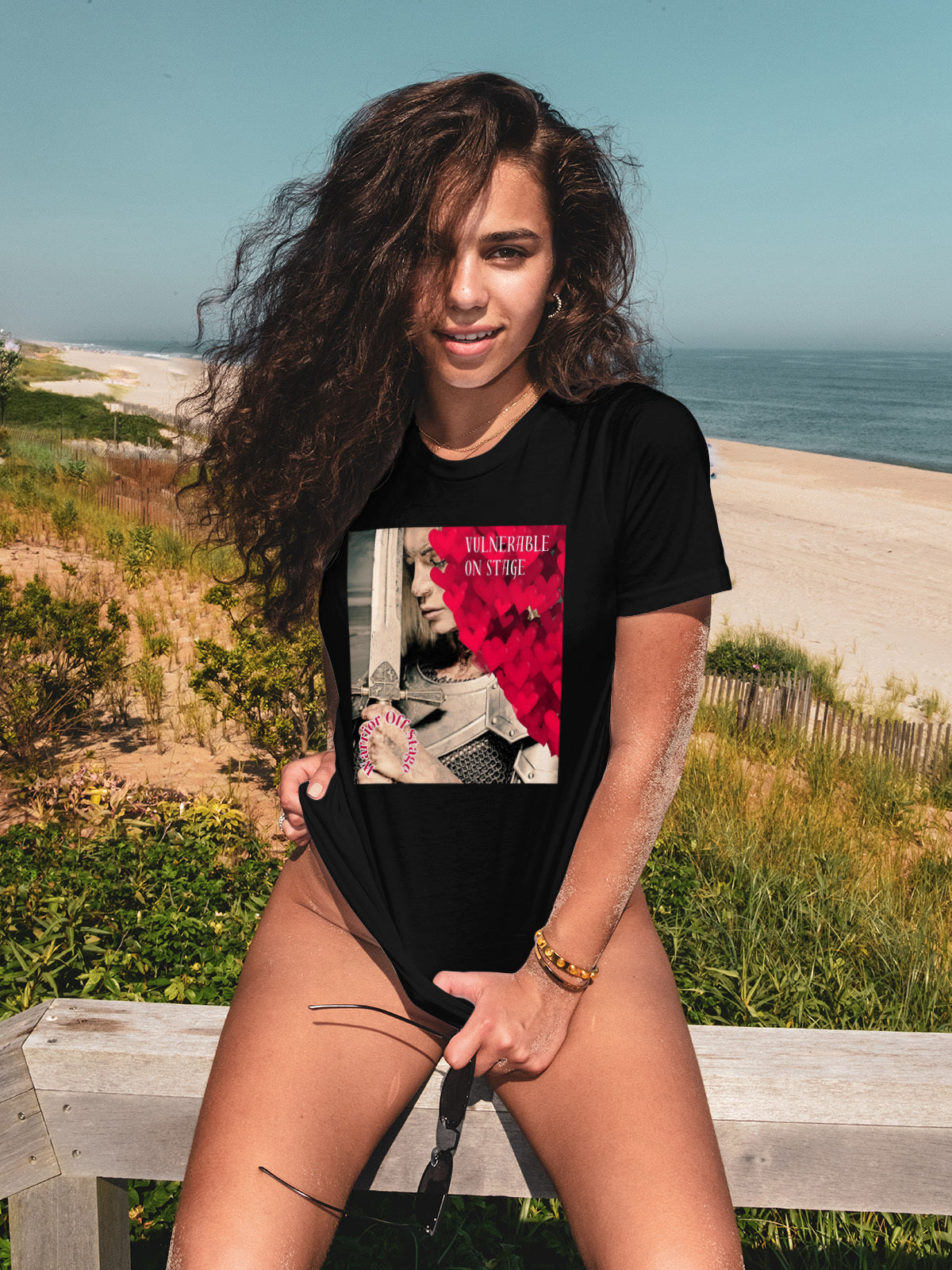 A bold and stylish Unisex Artist Vulnerable Warrior T-Shirt in Classic design, specifically crafted for Female Artists The shirt features empowering graphics, celebrating authenticity on stage and fierce warrior strength off stage. Perfect for making a statement in the world of art and beyond. Black Tee